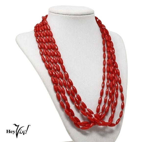 Vintage 1950s 6 Strand Red Faceted Bead Necklace Ornate Clip 20" Long - Hey Viv - Picture 5 of 6